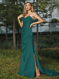 Sheath/Column Silk like Satin Ruched Sweetheart Sleeveless Sweep/Brush Train Bridesmaid Dresses Evening Dress