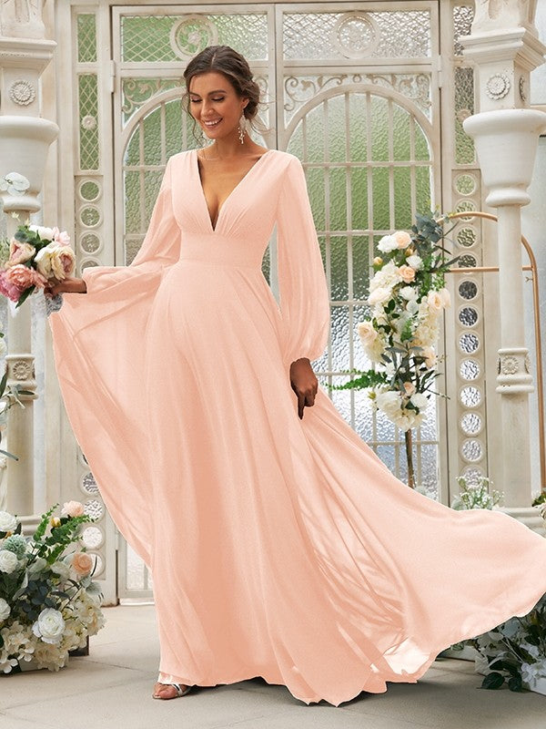 Vestido de dama de honor de corte A/princesa, de gasa, con volantes, escote en V, mangas largas y cola larga, vestido para madre de la novia