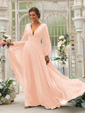 Vestido de dama de honor de corte A/princesa, de gasa, con volantes, escote en V, mangas largas y cola larga, vestido para madre de la novia
