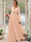 A-Line/Princess Chiffon Ruched V-neck Long Sleeves Floor-Length Bridesmaid Dresses Mother of the Bride Dress