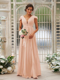 A-Line/Princess Chiffon Ruffles V-neck Sleeveless Sweep/Brush Train Bridesmaid Dresses Evening Dress