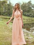 A-Line/Princess Chiffon Ruffles Halter Sleeveless Sweep/Brush Train Bridesmaid Dresses	Evening Prom Dress