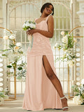 Sheath/Column Polyester Ruched Sweetheart Sleeveless Sweep/Brush Train Bridesmaid Dresses Evening Dress
