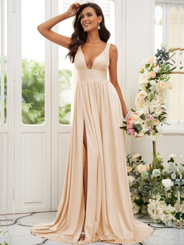 Vestido de dama de honor de corte A/princesa, jersey con volantes, escote en V, sin mangas, cola larga, para invitada de boda