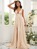 Vestido de dama de honor de corte A/princesa, jersey con volantes, escote en V, sin mangas, cola larga, para invitada de boda