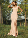 Sheath/Column Jersey Ruffles Straps Sleeveless Sweep/Brush Train Bridesmaid Dresses Evening Dress