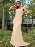 Sheath/Column Stretch Crepe Applique Off-the-Shoulder Sleeveless Sweep/Brush Train Bridesmaid Dresses Evening Dress