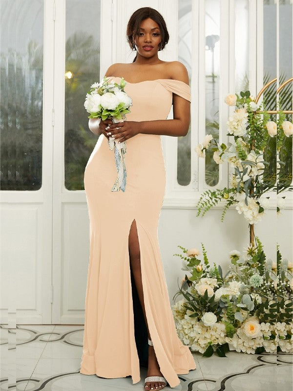 Sheath/Column Jersey Ruffles Off-the-Shoulder Sleeveless Sweep/Brush Train Bridesmaid Dresses Evening Dress