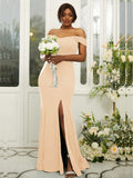 Sheath/Column Jersey Ruffles Off-the-Shoulder Sleeveless Sweep/Brush Train Bridesmaid Dresses Evening Dress