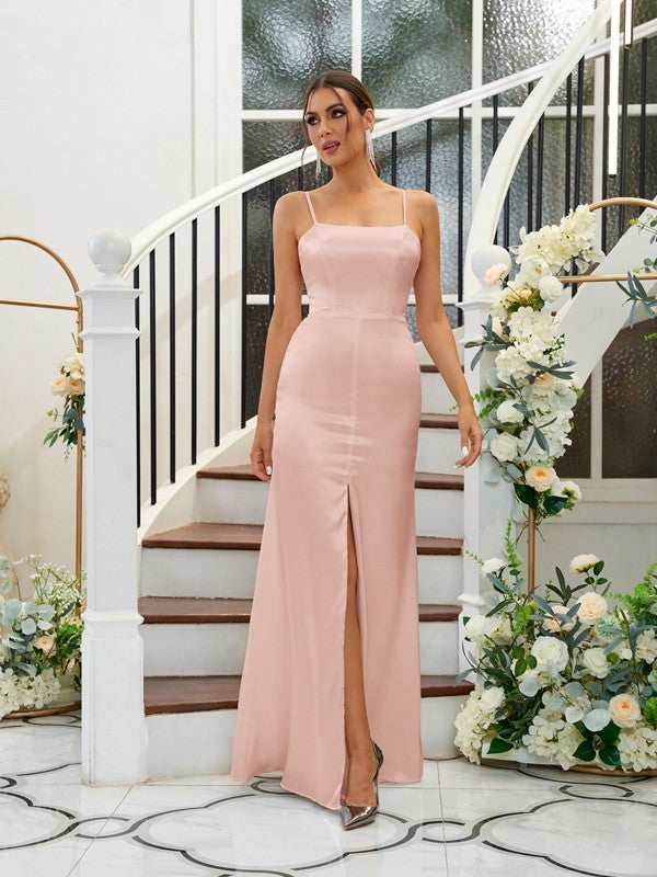 A-Line/Princess Silk like Satin Ruffles Spaghetti Straps Sleeveless Floor-Length Bridesmaid Dresses Evening Dress