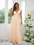 A-Line/Princess Jersey Ruffles V-neck Sleeveless Floor-Length Bridesmaid Dresses Evening Prom Dress