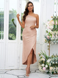 Sheath/Column Charmeuse Ruched One-Shoulder Sleeveless Ankle-Length Bridesmaid Dresses Evening Dress