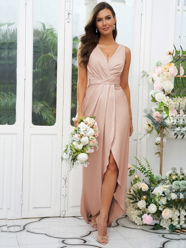 A-Line/Princess Charmeuse Ruched V-neck Sleeveless Sweep/Brush Train Bridesmaid Dresses Evening Dress