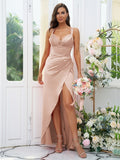 Sheath/Column Charmeuse Ruched V-neck Sleeveless Floor-Length Bridesmaid Dresses Evening Dress