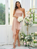 Sheath/Column Charmeuse Ruffles One-Shoulder Sleeveless Short/Mini Bridesmaid Dresses Prom Dress
