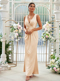 Sheath/Column Jersey Ruched V-neck Sleeveless Floor-Length Bridesmaid Dresses Evening Dress