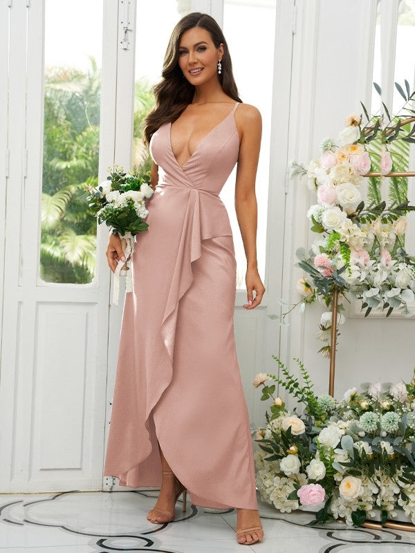 A-Line/Princess Silk like Satin Ruffles V-neck Sleeveless Floor-Length Bridesmaid Dresses Prom Dress