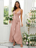 A-Line/Princess Silk like Satin Ruffles V-neck Sleeveless Floor-Length Bridesmaid Dresses Prom Dress