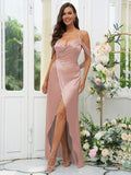 A-Line/Princess Silk like Satin Ruched V-neck Sleeveless Floor-Length Bridesmaid Dresses Evening Dress