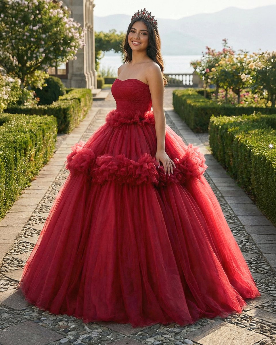 Peplum Red Sleeveless Quinceañera Ball Gown Party Dress