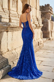 Royal Blue Lace Applique Long Mermaid Dress