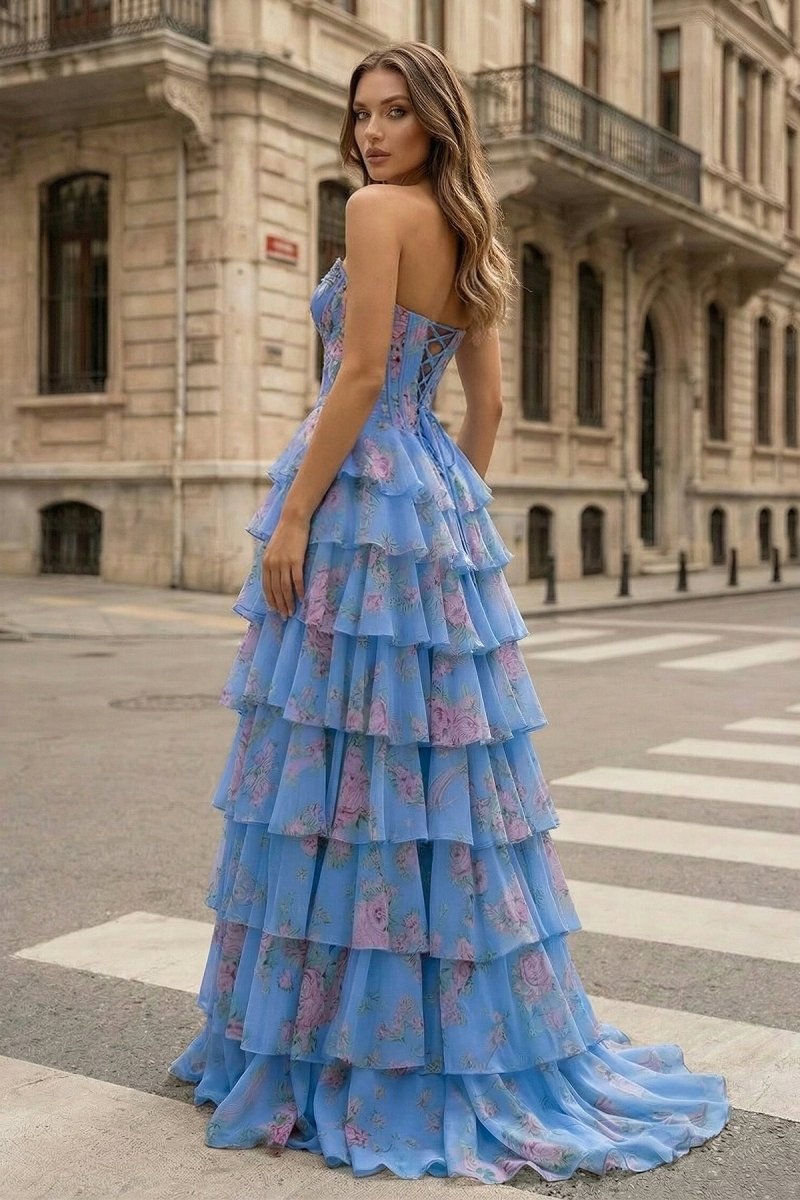 Yellow Strapless A Line Floral Chiffon Ruffled Prom Dresses With Beading