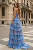 Yellow Strapless A Line Floral Chiffon Ruffled Prom Dresses With Beading