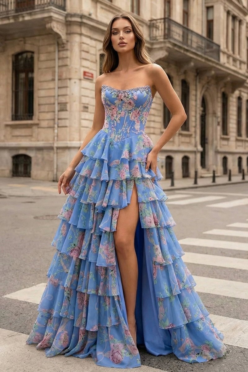 Yellow Strapless A Line Floral Chiffon Ruffled Prom Dresses With Beading