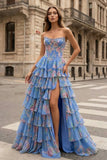 Yellow Strapless A Line Floral Chiffon Ruffled Prom Dresses With Beading