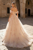 Champagne Off the Shoulder Tulle Floral Floor Length Long Prom Dresses