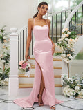 Sheath/Column Silk like Satin Ruched Square Sleeveless Sweep/Brush Train Bridesmaid Dresses Evening Dress