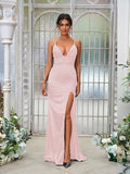 Sheath/Column Silk like Satin Ruched V-neck Sleeveless Sweep/Brush Train Bridesmaid Dresses Evening Dress
