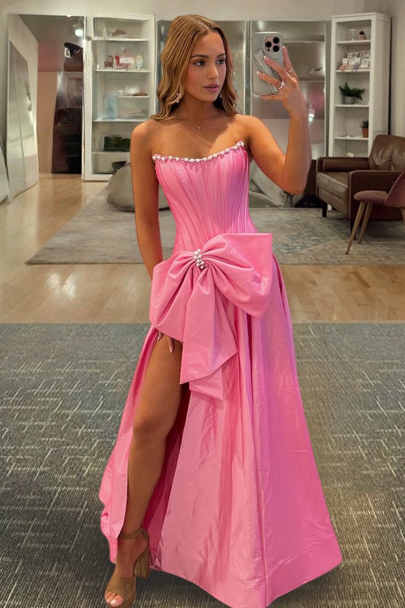 Pink - Strapless A Line Satin Pearl Long Formal Prom Dresses With Bow