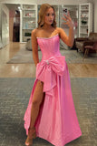 Pink - Strapless A Line Satin Pearl Long Formal Prom Dresses With Bow