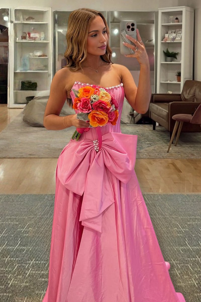 Pink - Strapless A Line Satin Pearl Long Formal Prom Dresses With Bow