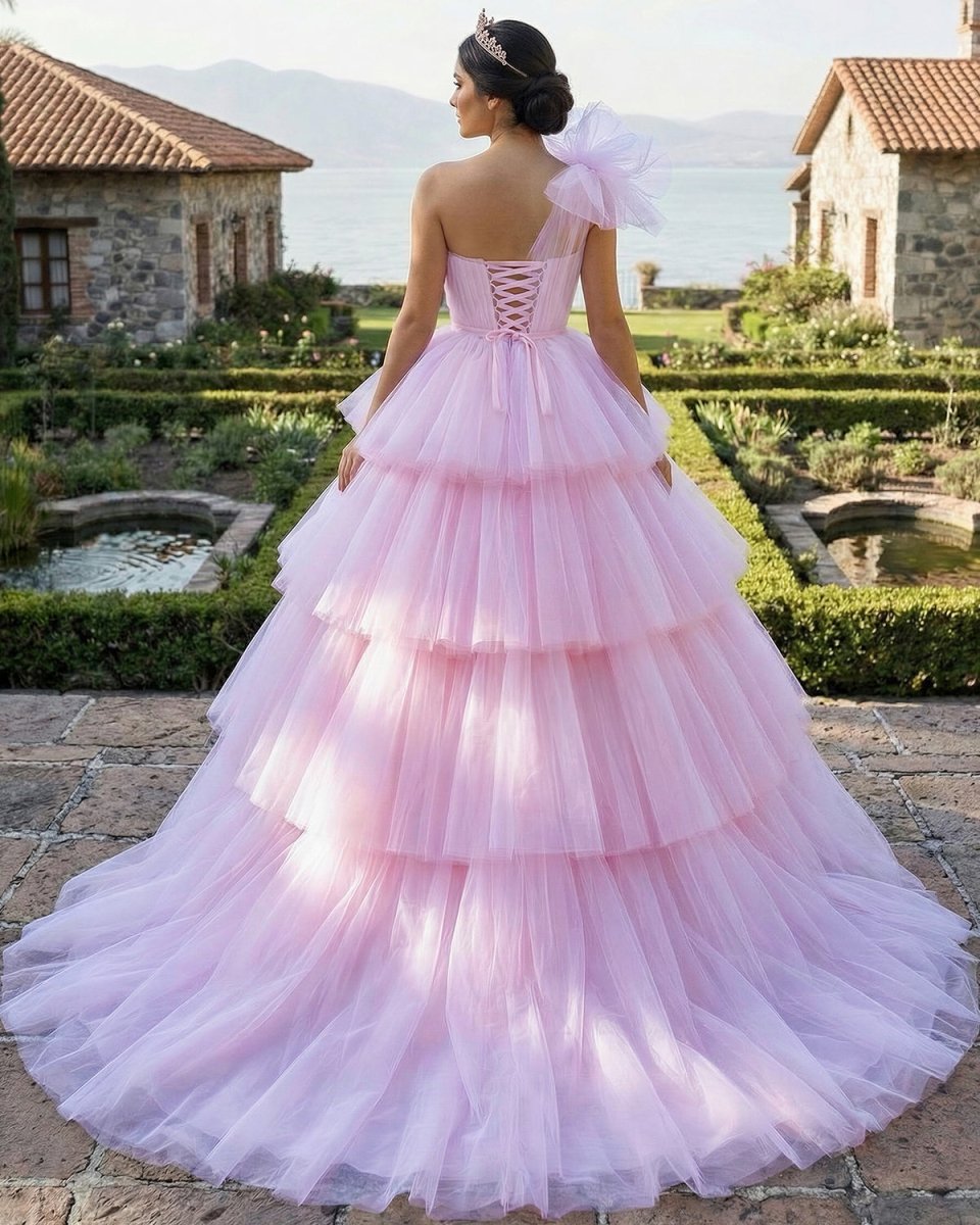 Pink A-line Tiered One Shoulder Tulle Ball Gown Pink Quinceanera Dresses