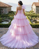 Pink A-line Tiered One Shoulder Tulle Ball Gown Pink Quinceanera Dresses