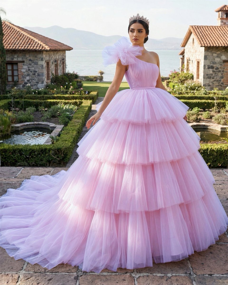 Pink A-line Tiered One Shoulder Tulle Ball Gown Pink Quinceanera Dresses