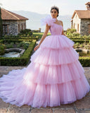 Pink A-line Tiered One Shoulder Tulle Ball Gown Pink Quinceanera Dresses