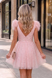 A-line Deep V Neck Tulle Homecoming Dress with Feathers
