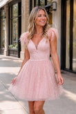 A-line Deep V Neck Tulle Homecoming Dress with Feathers
