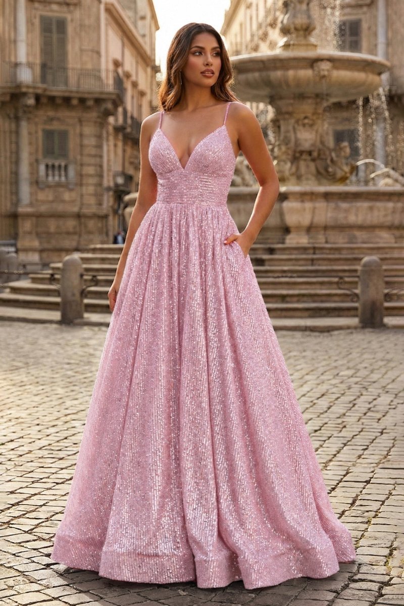 A-line V Neck Sequins Long Prom Dress