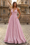 A-line V Neck Sequins Long Prom Dress