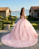Ball-Gown Tulle Light Pink Off-the-Shoulder Quinceanera Dress with Appliques
