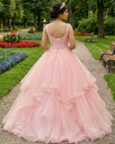 Pink A Line Organza Floor-Length Prom Dress with Appliqued