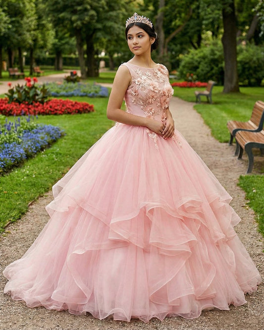 Pink A Line Organza Floor-Length Prom Dress with Appliqued