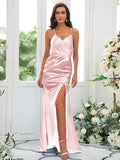 Sheath/Column Silk like Satin Ruched Spaghetti Straps Sleeveless Sweep/Brush Train Bridesmaid Dresses Evening Dress