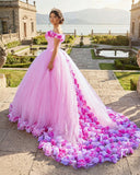 Pink Cathedral Train 3D Flowers Applique Wedding Gown Quinceanera Dresses