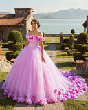 Pink Cathedral Train 3D Flowers Applique Wedding Gown Quinceanera Dresses
