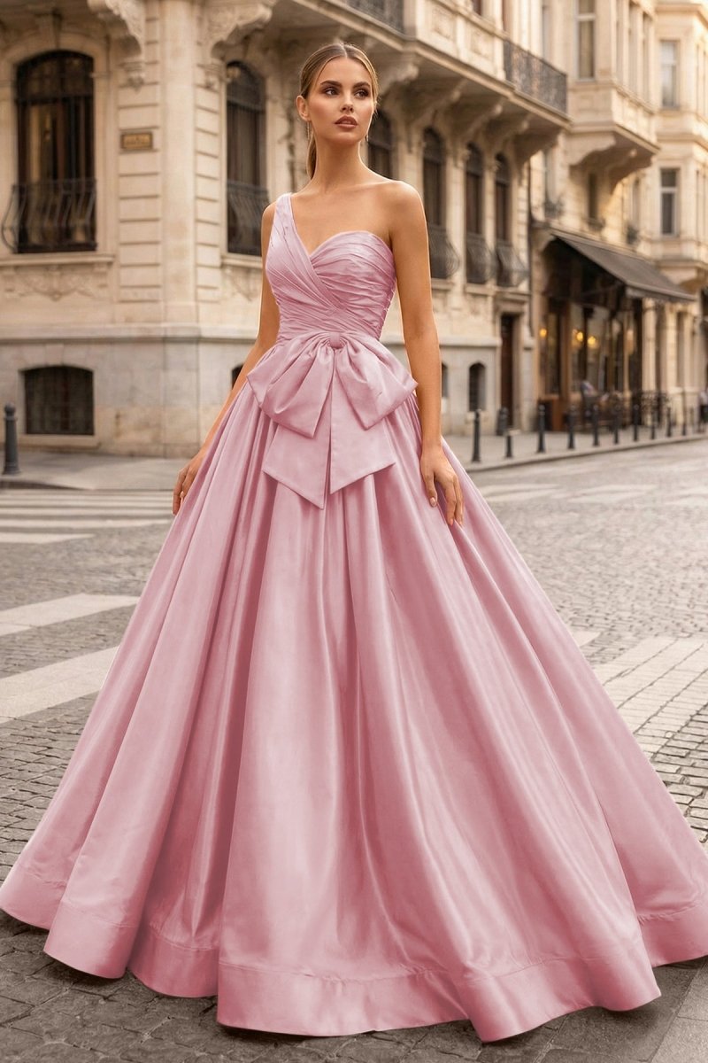 One Shoulder Satin A Line Prom Dress With Bow